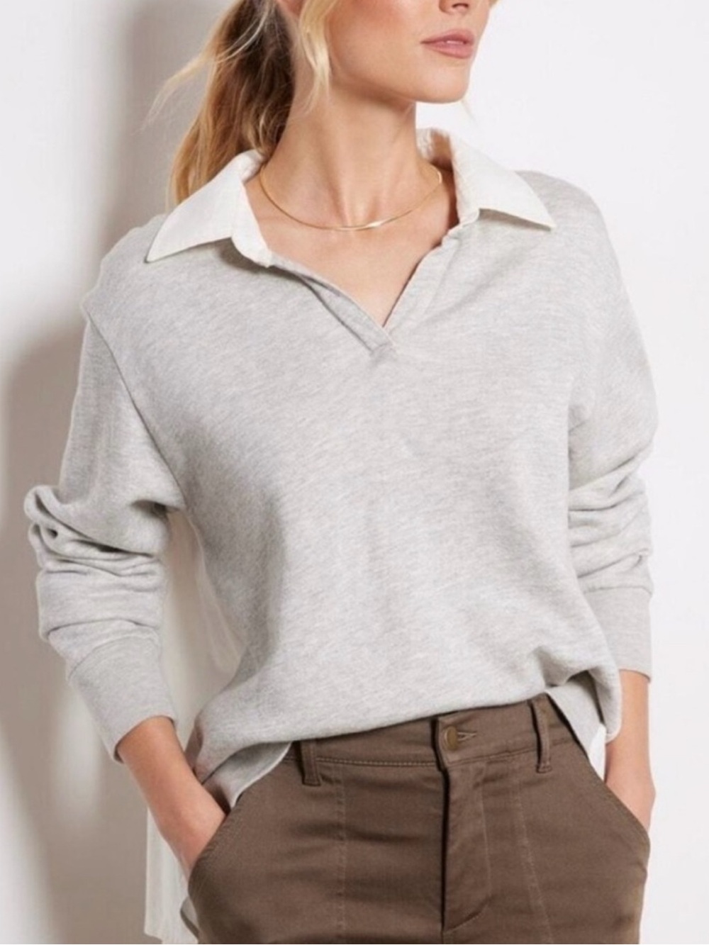 Monrow Poplin Mix Collared Sweatshirt Grey White S